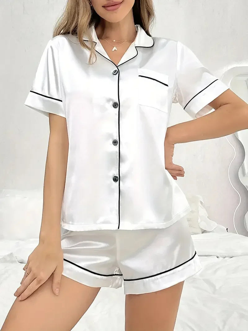 Summer Satin Silk Pajamas Set Womens Short Sleeve Turn-down Collar Button Top & Shorts Sleepwear Loungewear Nightwear