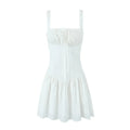 Foridol Bowknot Smocked White Short Dress Women Summer Cotton Mini Sleeveless Tank Sundress Beach Chic Buttons Dress for Petite