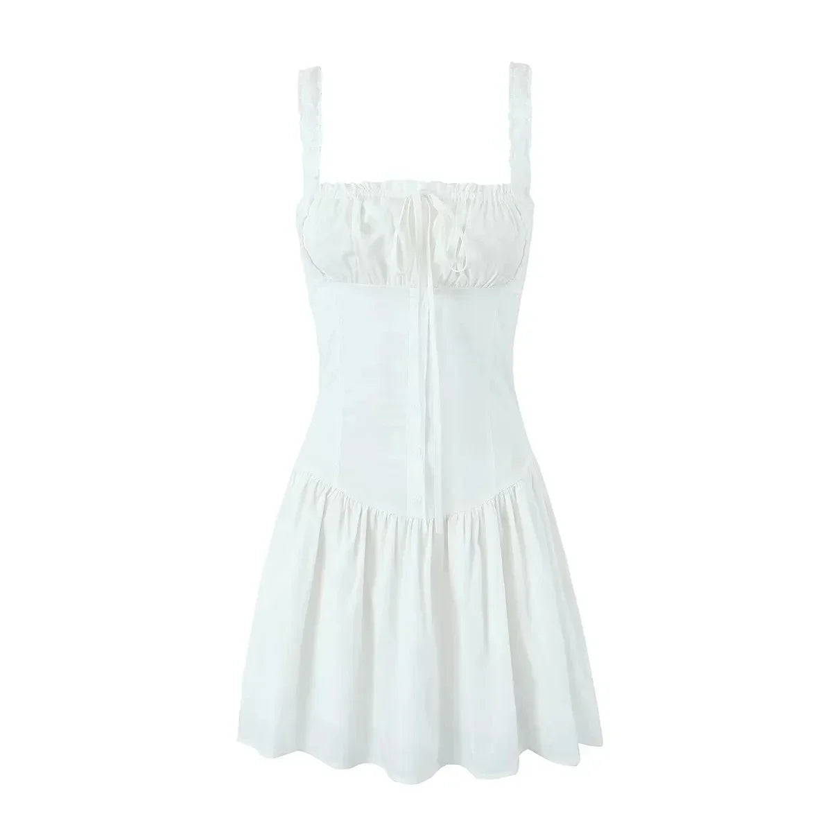 Foridol Bowknot Smocked White Short Dress Women Summer Cotton Mini Sleeveless Tank Sundress Beach Chic Buttons Dress for Petite