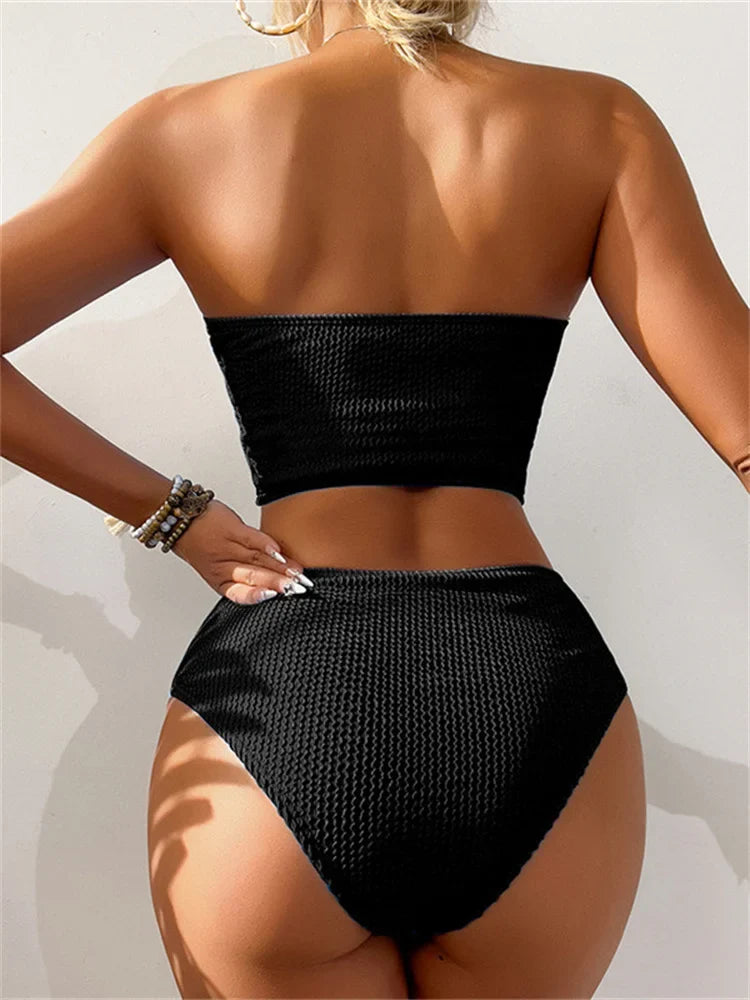 Sexy Bandeau Bikini 2025 Mujer Women Black Ribbed Push Up High Waist Swimsuit Summer Beach Bathing Suit Holiday Swimwear Biquini