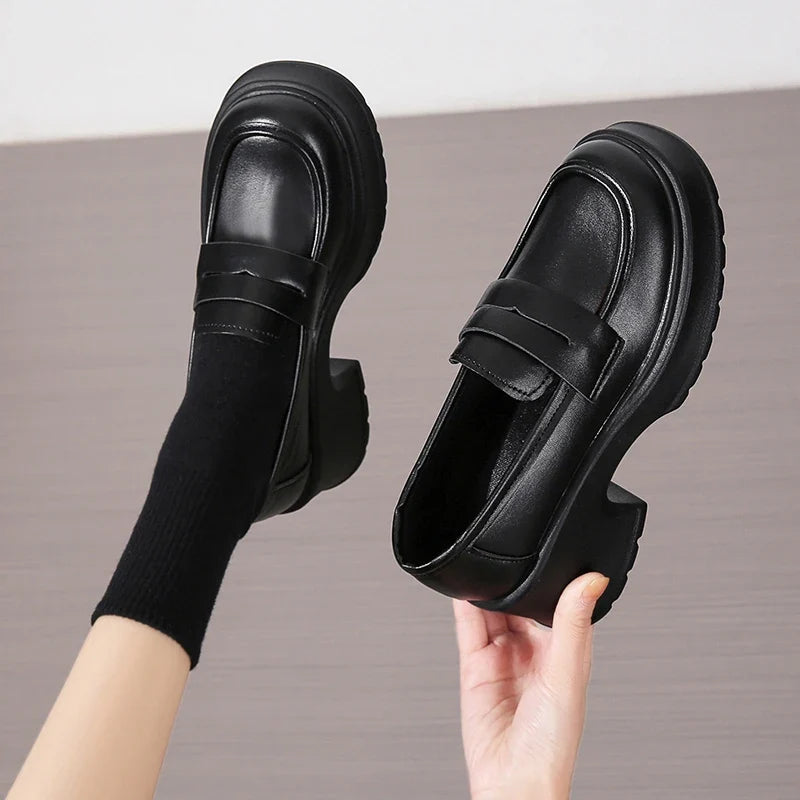 Brown Pu Leather Platform Loafers for Women British Style Round Toe Thick Heel Pumps Woman Slip On High Heels Office Shoes Lady