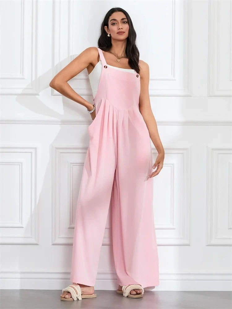Women Fashion Jumpsuits Sleeveless Buttons Suspender Wide Leg Pant Overalls with Pockets Casual Loose Romper Streetwear