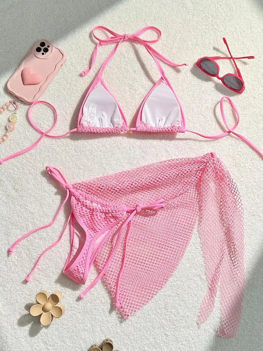 Women mesh micro mini string bikini sets 3pcs with cover skirt shell pendant swimsuit bathing suit beach outfits biquini tankini