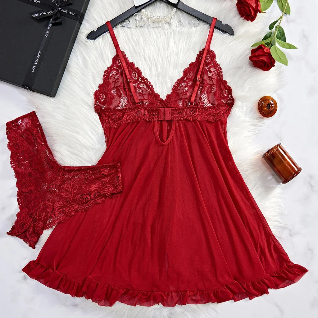 Tulle Suspenders Exquisite Lace V-Neck Nightdress Women's Underwear Semi-transparent Thong Dress Set Lingerie Nightgowns