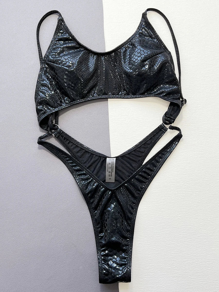 Snake Skin Tummy Cut Out Mini Mirco Thong One Piece Swimsuit Women Swimwear Female Monokini Backless Bathing Suit Swim Beachwear