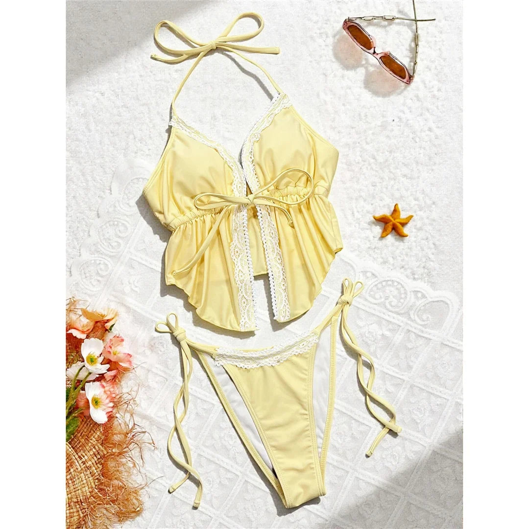 Sexy Lace Halter Tankini High Leg Cut Bikini Women Swimwear Female Swimsuit Two-Pieces Bikini Set Bather Bathing Suit Swim V8157