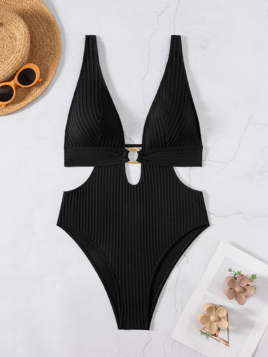Striped Deep V Neck Cut Out Female Swimwear One Piece Swimsuit Women High Leg Cut Monokini Backless Bathing Suit Swim Bodysuit