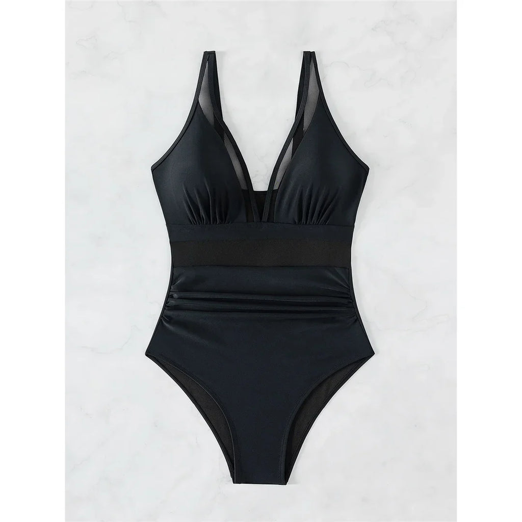 S - XL New Sexy Mesh Sheer V Neck Women Swimwear One Piece Swimsuit Female High Leg Cut Monokini Bather Bathing Suit Swim V5136