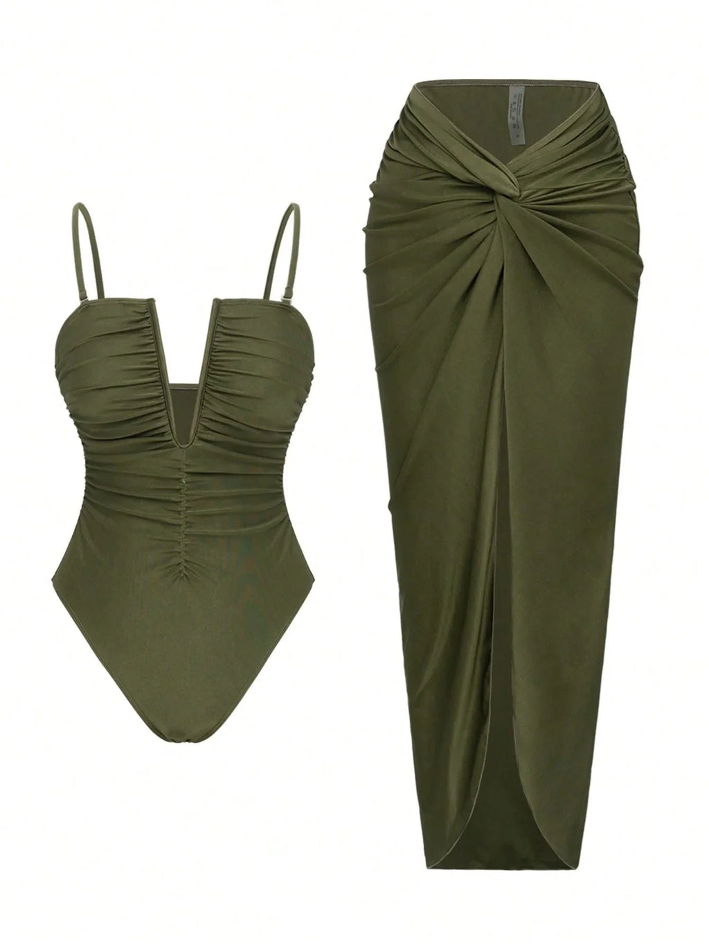 Vintage Green V Neck Pleate One Piece Swimsuit Long Skirt Sets 2026 Women Holiday Tummy Control Bathing Suit Swimwear Monokini