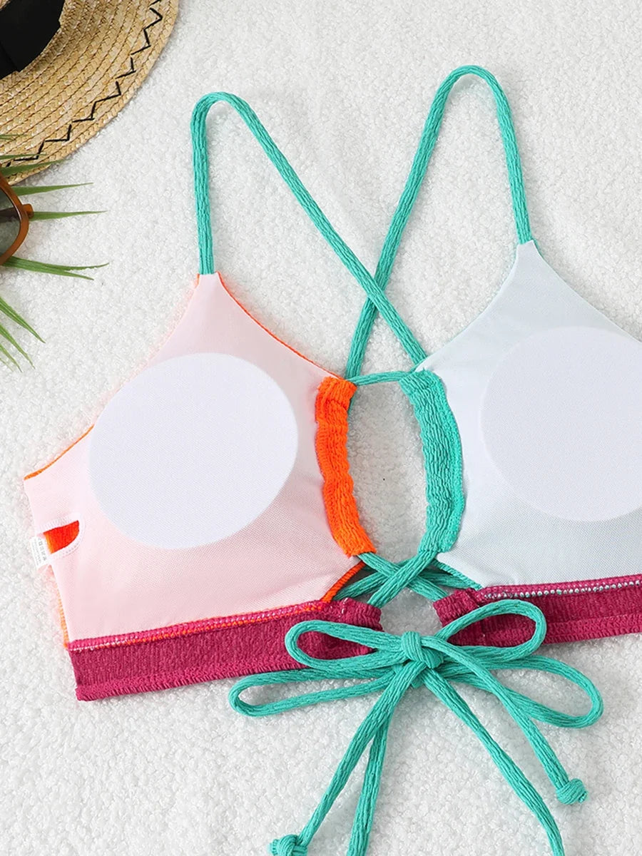 2026 Drawstring Triangle Bikini Women Sexy Color Block Swimwear Female Strappy Swimsuit Bathers Bathing Swimming Swim Suit