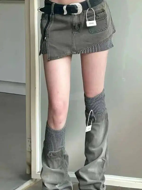 American Retro Patterned Patchwork Denim Suit Half Skirt Women Y2K Irregular Short Skirt Leg Cover Two-piece Set For Wearing N8J