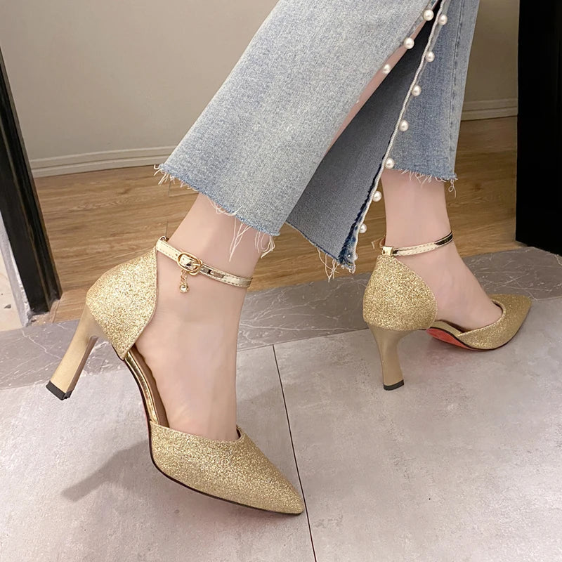 ZOKI Bling Gold Silver Women's Pumps 2024 Sexy Point Toe Thin Heel Party Wedding Shoes Woman Summer Ankle Strap High Heels Shoes