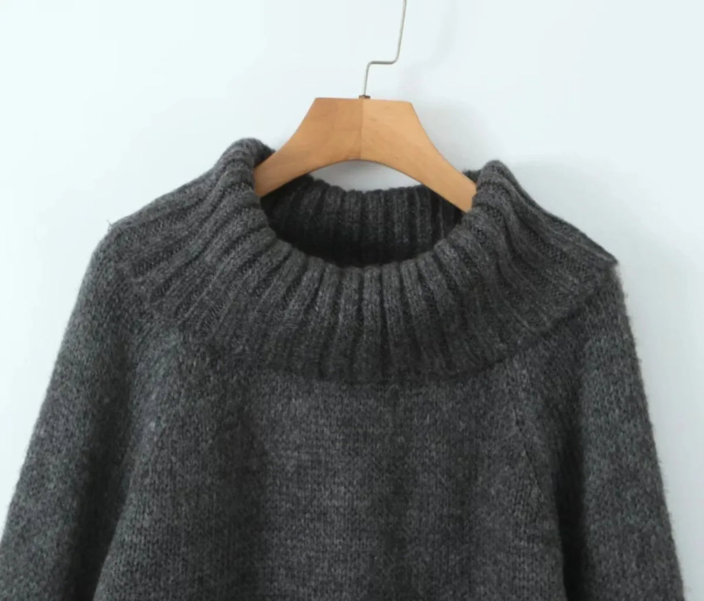 Foridol Slash Neck Dark Grey Mohair Women Sweater Pullover Femme Casual Loose Trendy Style Autumn Winter Knitted Pullover