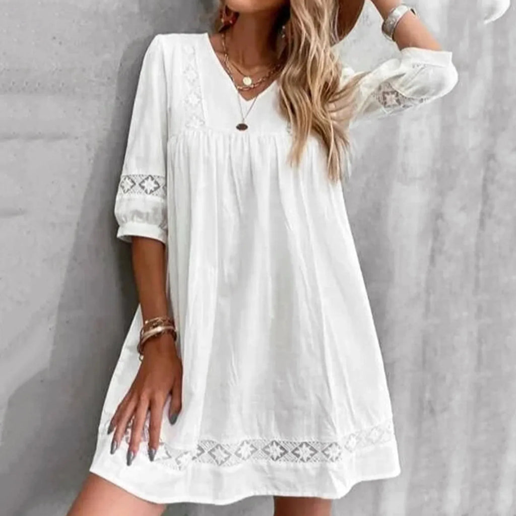 Boho Dress For Women Casual Summer Lace Dresses V Neck Short Sleeve Beach Sundress Swing Vestidos Fashion Slim Lace Plus Size
