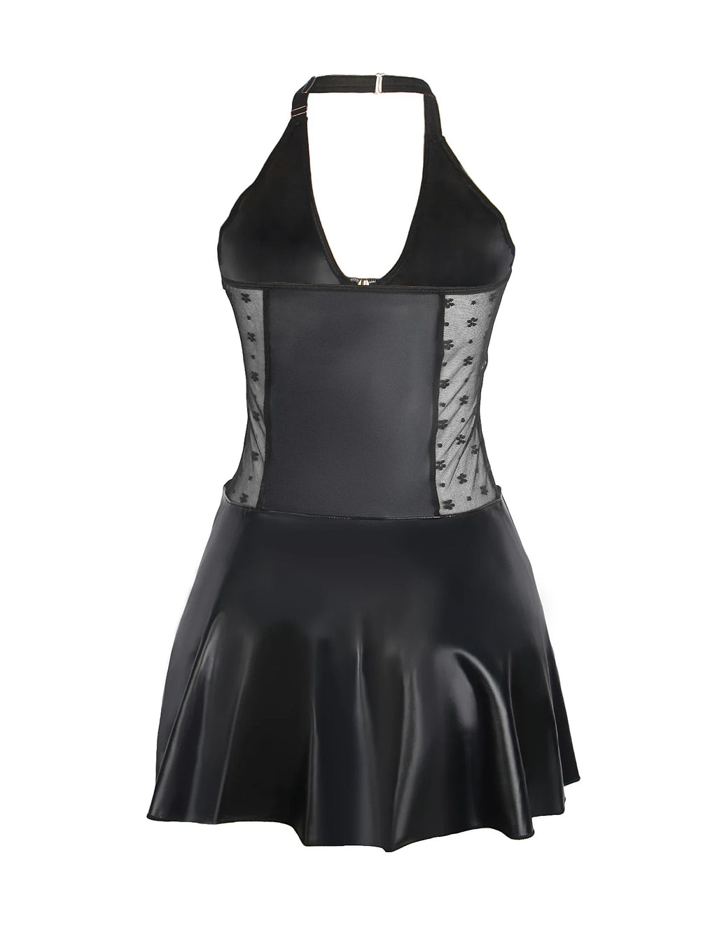 Baby Doll Black PU Leather Lace Sexy Halter Dress With Garter Belts Daring Lingerie for Women Plus Size Club Wear Ladies Dresses