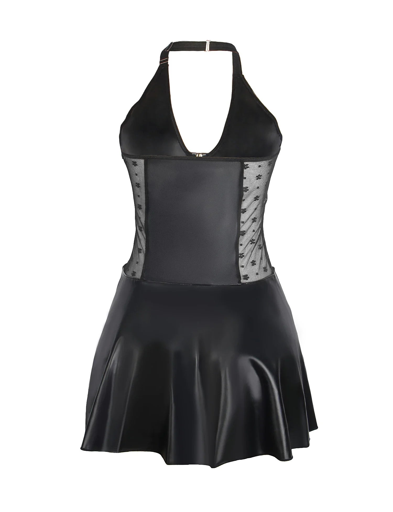 Baby Doll Black PU Leather Lace Sexy Halter Dress With Garter Belts Daring Lingerie for Women Plus Size Club Wear Ladies Dresses