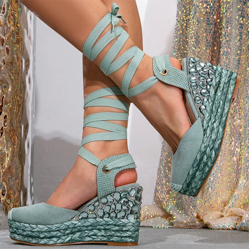 European Size Leisure Summer Espadrilles Sandals Rhinestones High Heels Wedges Sandals Shoes Women Comfy Walk Platform Sandal