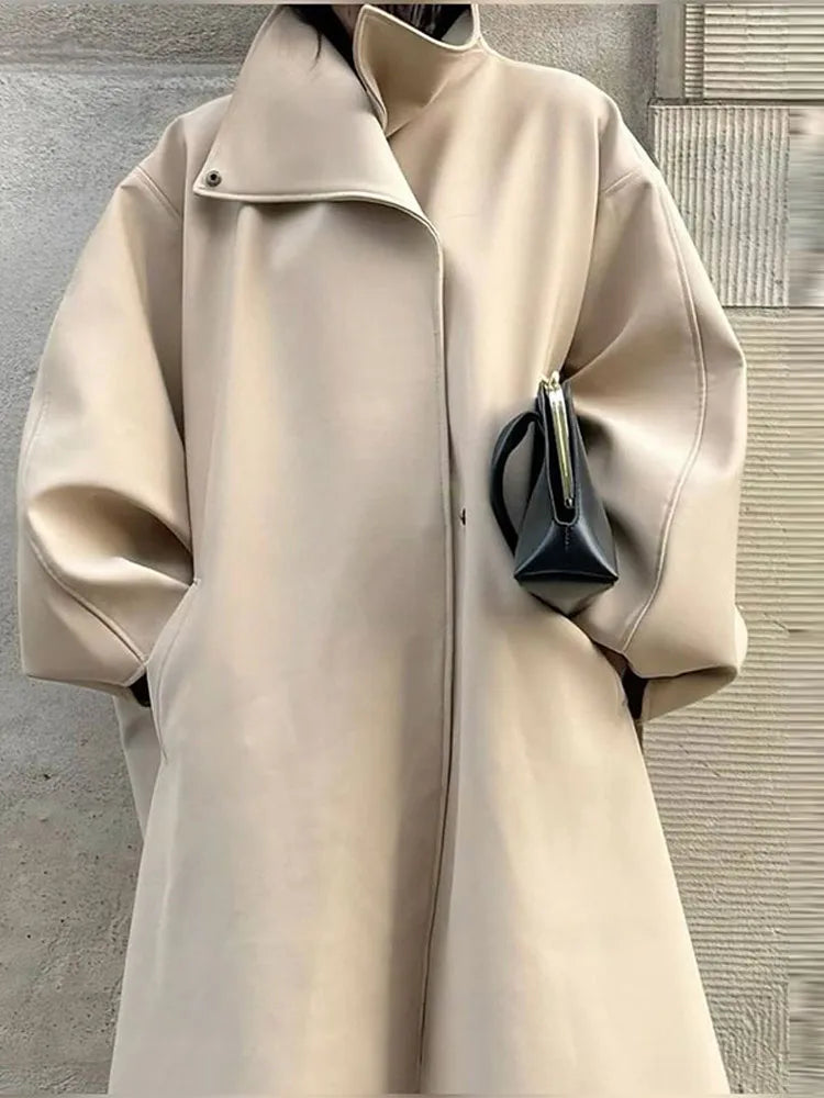 Women's Elegant Faux Suede Long Jacket Stand Collar Bat Sleeve Solid Overcoat Outwears 2025 Autumn Winter Female Streetwears