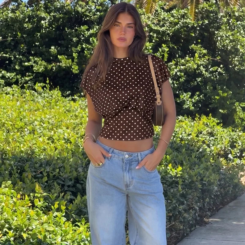 FDYOUI Women's O-neck Polka Dot T-shirt 2026 Summer O-neck Drop-sleeve Tunics Tops Fashion Loose Corset Tee Shirts Female Top