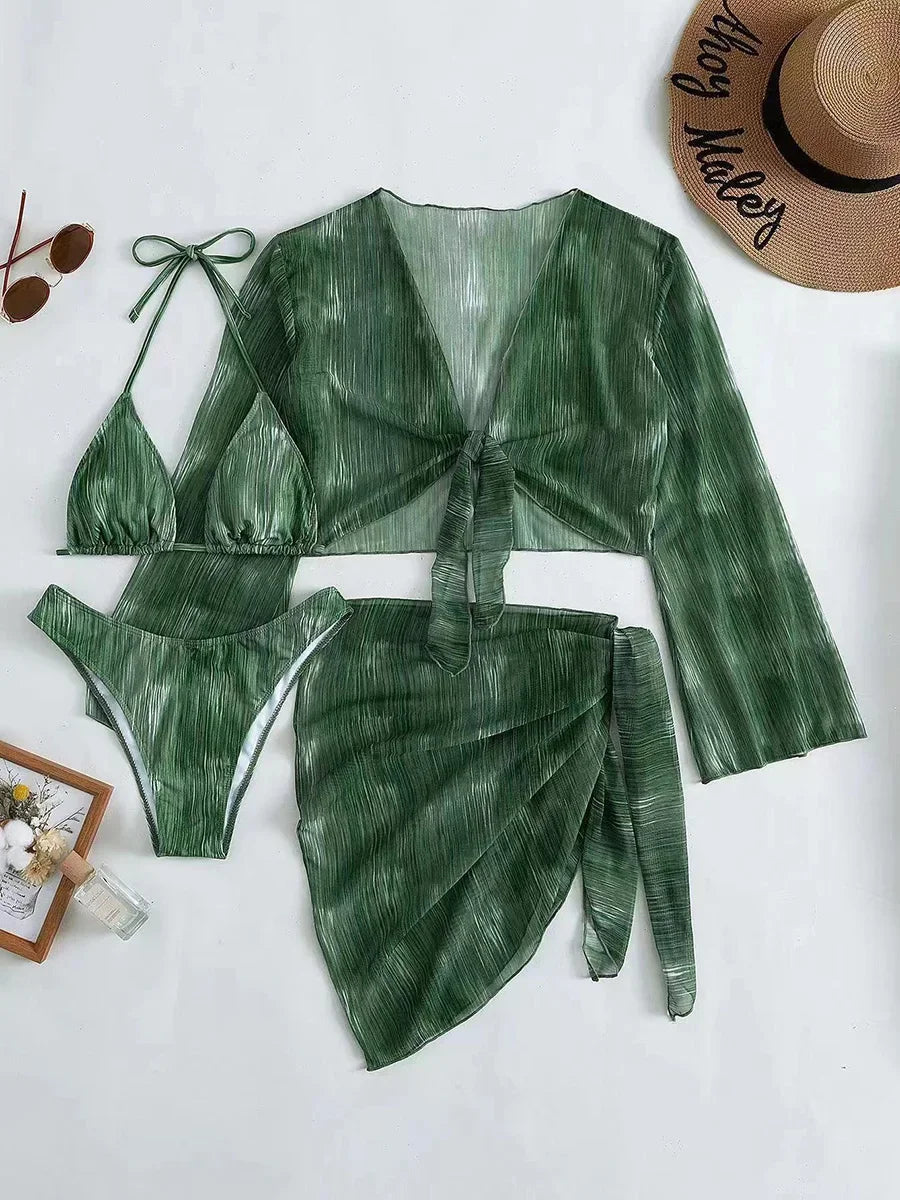 4PCS With Mesh Sheer Sarong Long Sleeve Bikini Female Swimsuit Women Swimwear Four-pieces Bikini Set Bathing Suit Swim Beachwear