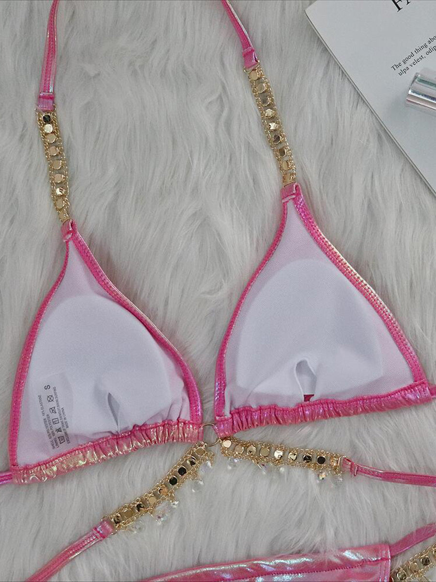 Wrap Around Halter Metal Chains Bikinis 2025 Diamond Bikini Women Swimsuit Female Swimwear Two Pieces Bikini set Bathing Suit
