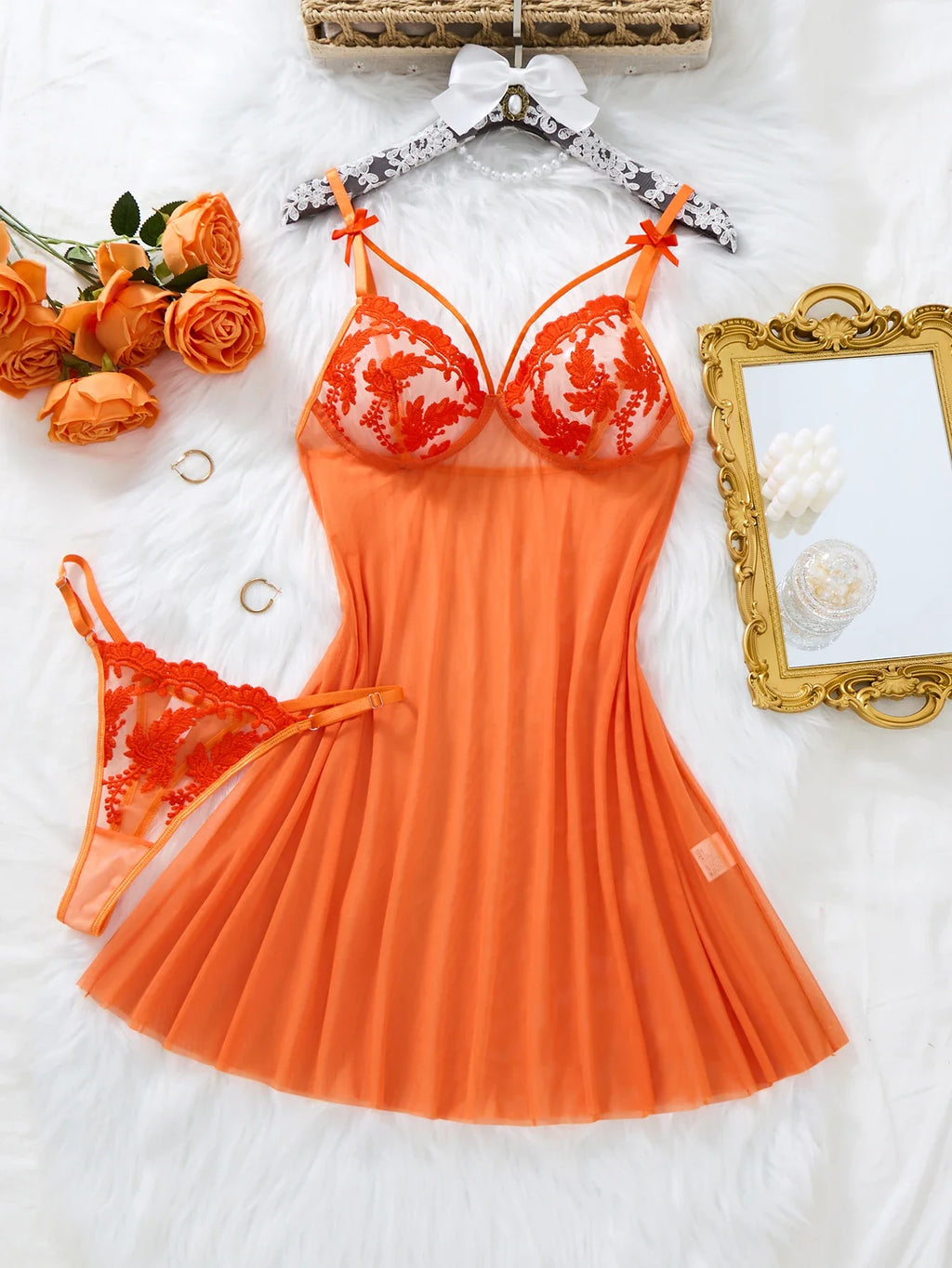Summer-exclusive orange and peach sexy sleepwear set - sheer see-through lace bralette set for ladies ZA825066
