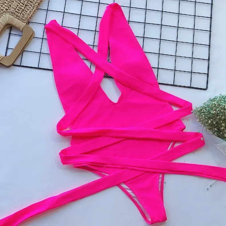 4 Colors One-Piece Swimsuit Swimwear Women Solid Sexy Deep V-neck Bathing Suit Beachwear High Elastic Straps Maio Feminino Praia