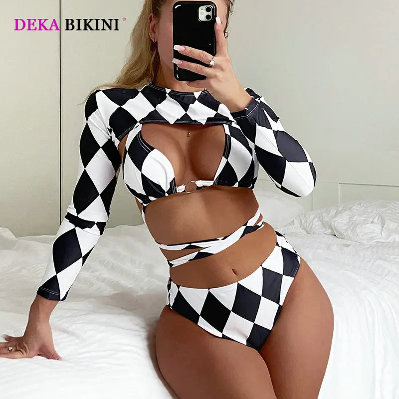 DEKA High Waisted Plaid Bikini Set for Women Lattice Print Camisole Swimwear Bathing Suit, Sexy Separate Bandeau Split Swimsuit