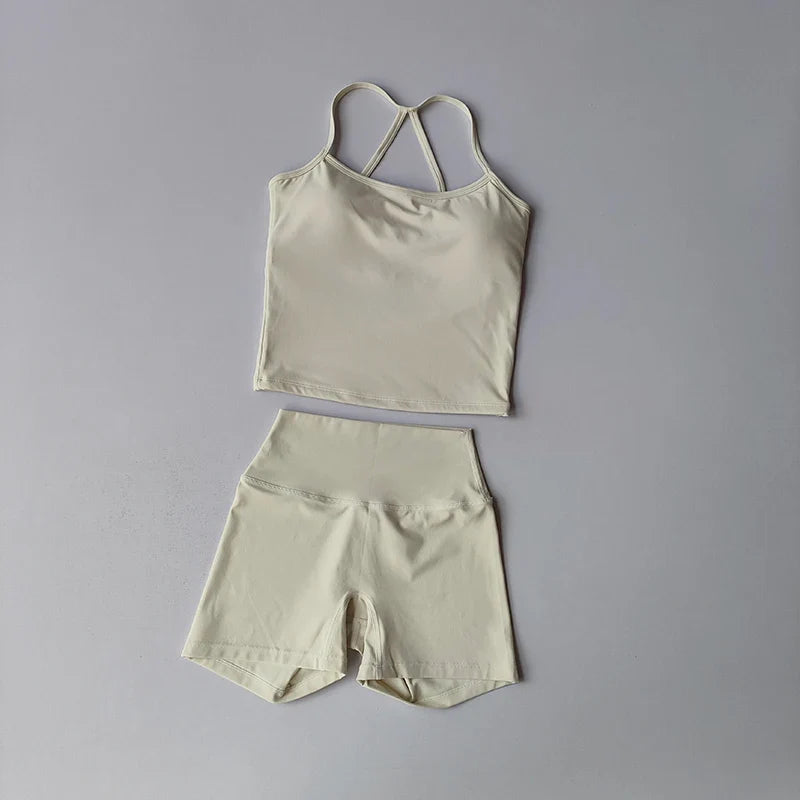 Women's Slim Shoulder Yoga Vest High Waisted Waist Hugging Naked Yoga Three Part Shorts Exercise Set Popular Fitness Clothing