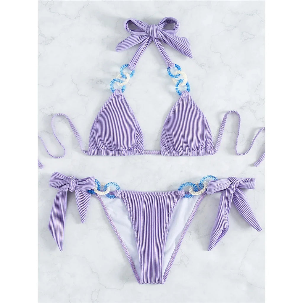 Purple Shiny Ring Ribbed Women Swimwear Bikini Female Swimsuit Two-Pieces Bikini Set Brazilian Bather Bathing Suit Swim V3385