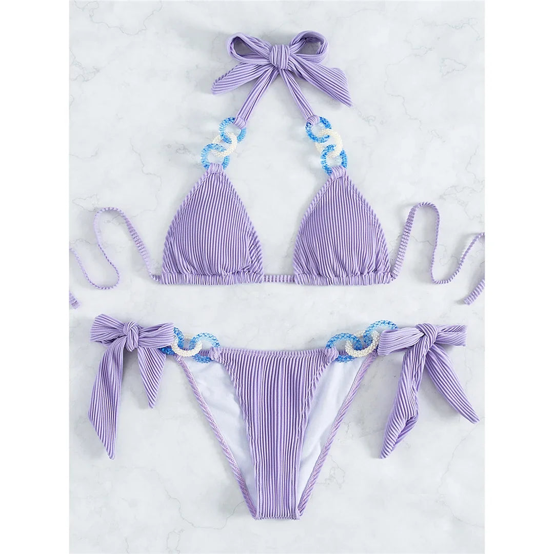 Purple Shiny Ring Ribbed Women Swimwear Bikini Female Swimsuit Two-Pieces Bikini Set Brazilian Bather Bathing Suit Swim V3385