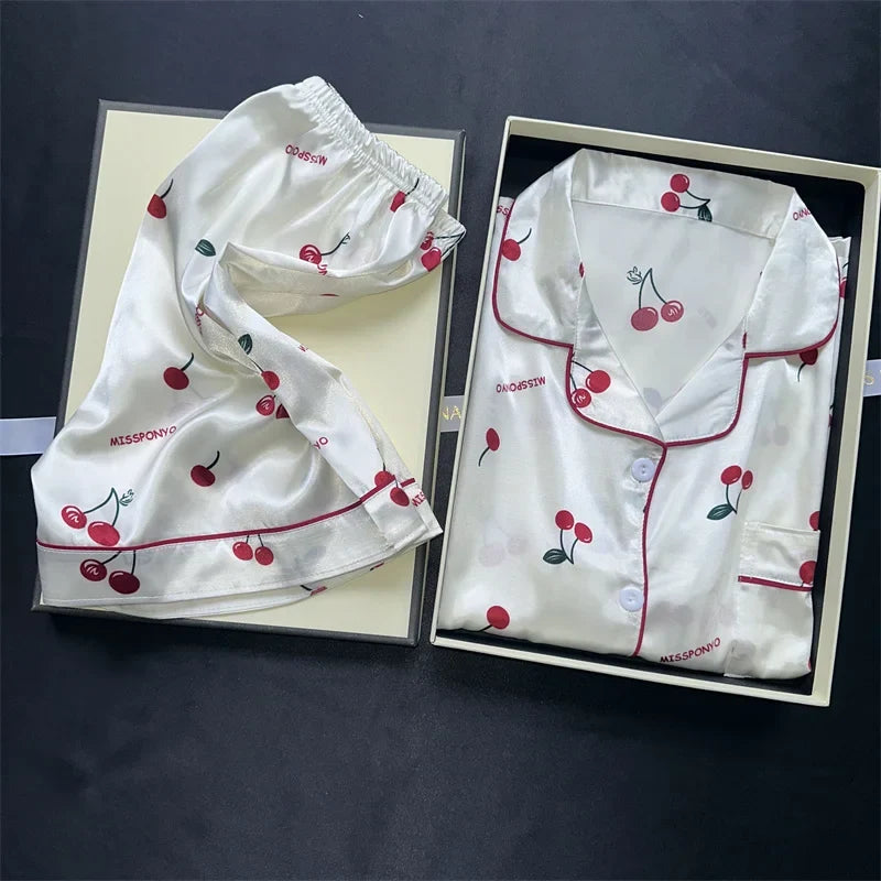 Cherry Print Silk Pajamas Set for Women Summer Short Sleeve Shirt and Shorts Two Pieces Sleepwear Homewear Nightwear