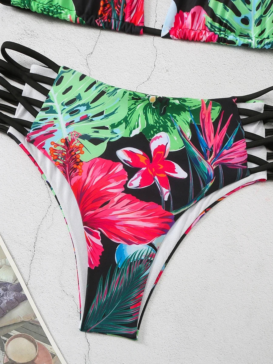 Halter String Floral Bikini 2026 High Waist Swimsuit Women Padded Swimwear Female Bathers Bathing Swimming Swim Suit Beachwear