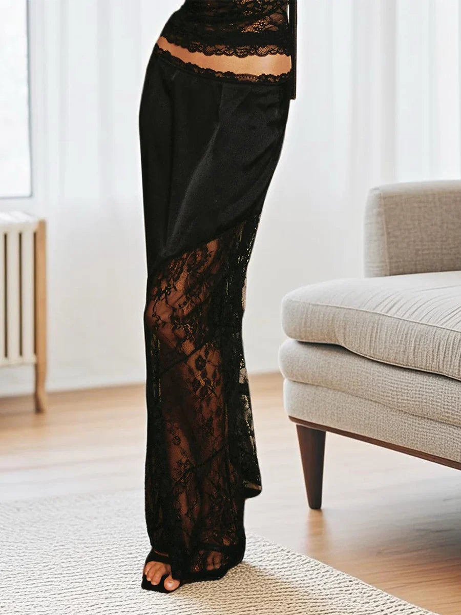 Women's Summer Satin Lace Patchwork Long Skirts Mid Waist Solid Color Fashion Elegant Asymmetric Skirts