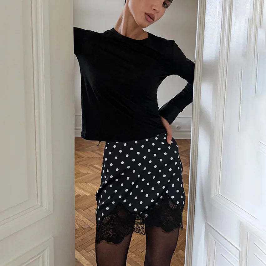 FDYOUI 2026 Woman Clothes Lace Patchwork Polka Dot Skirts Female Sexy Tight Short Skirt Black Party Night Club Dress Streetwear