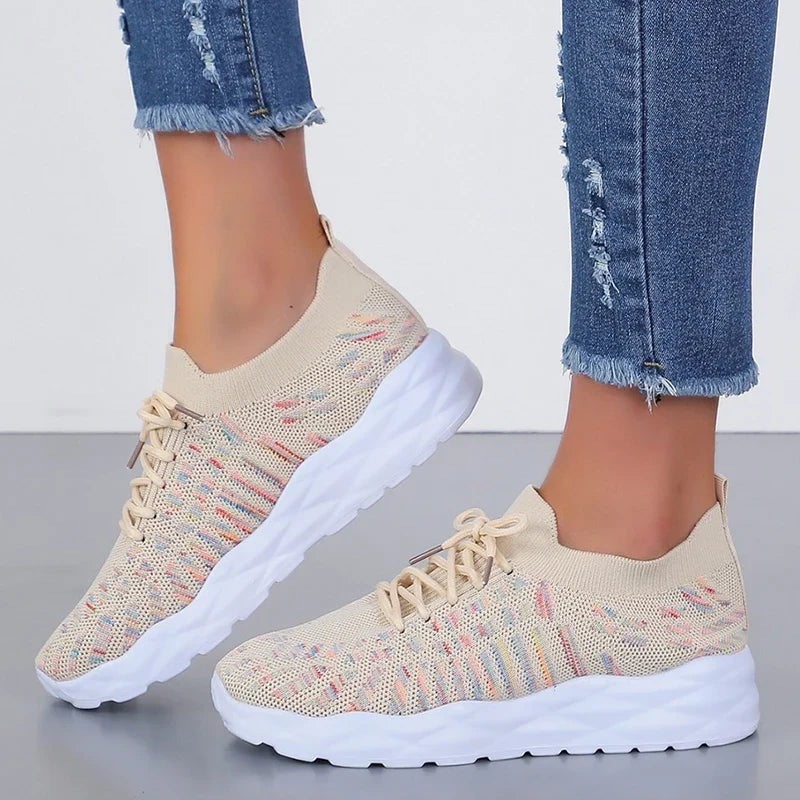 Mixed Color Knitted Platform Sneakers Women Spring Summer Casual Thick Sole Sports Shoes Woman Lace Up Non Slip Walking Shoes