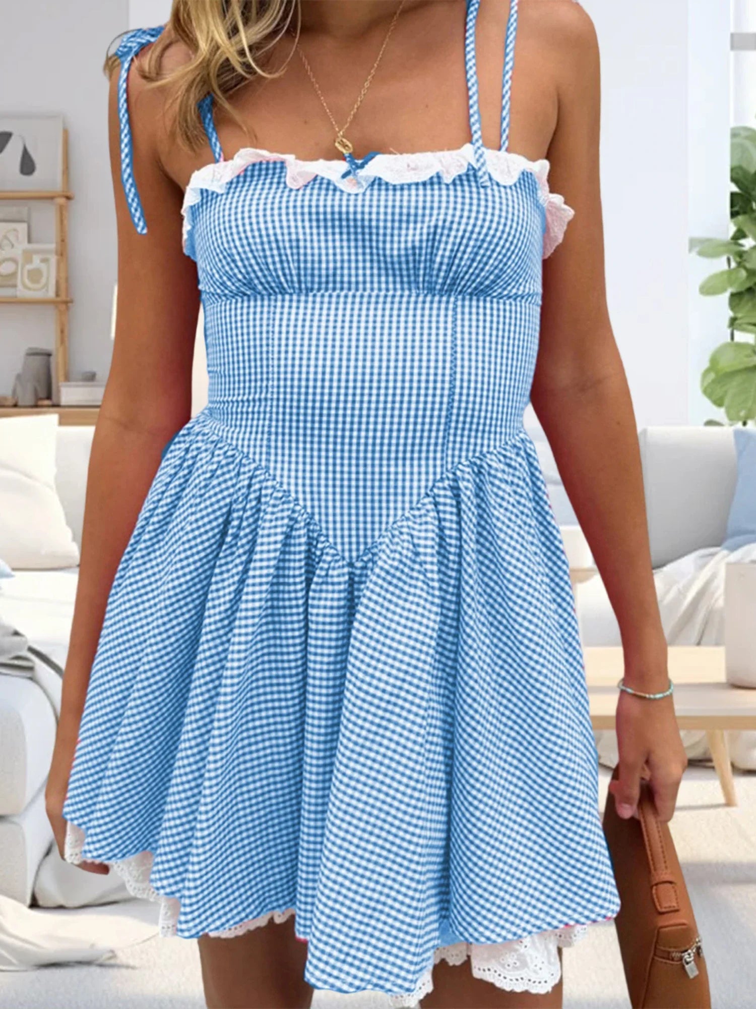 Summer Plaid Mini Cami Dress for Women Fashion Slim Ruffle Trim Tie-up Spaghetti Strap A-line Dresses for Daily Party