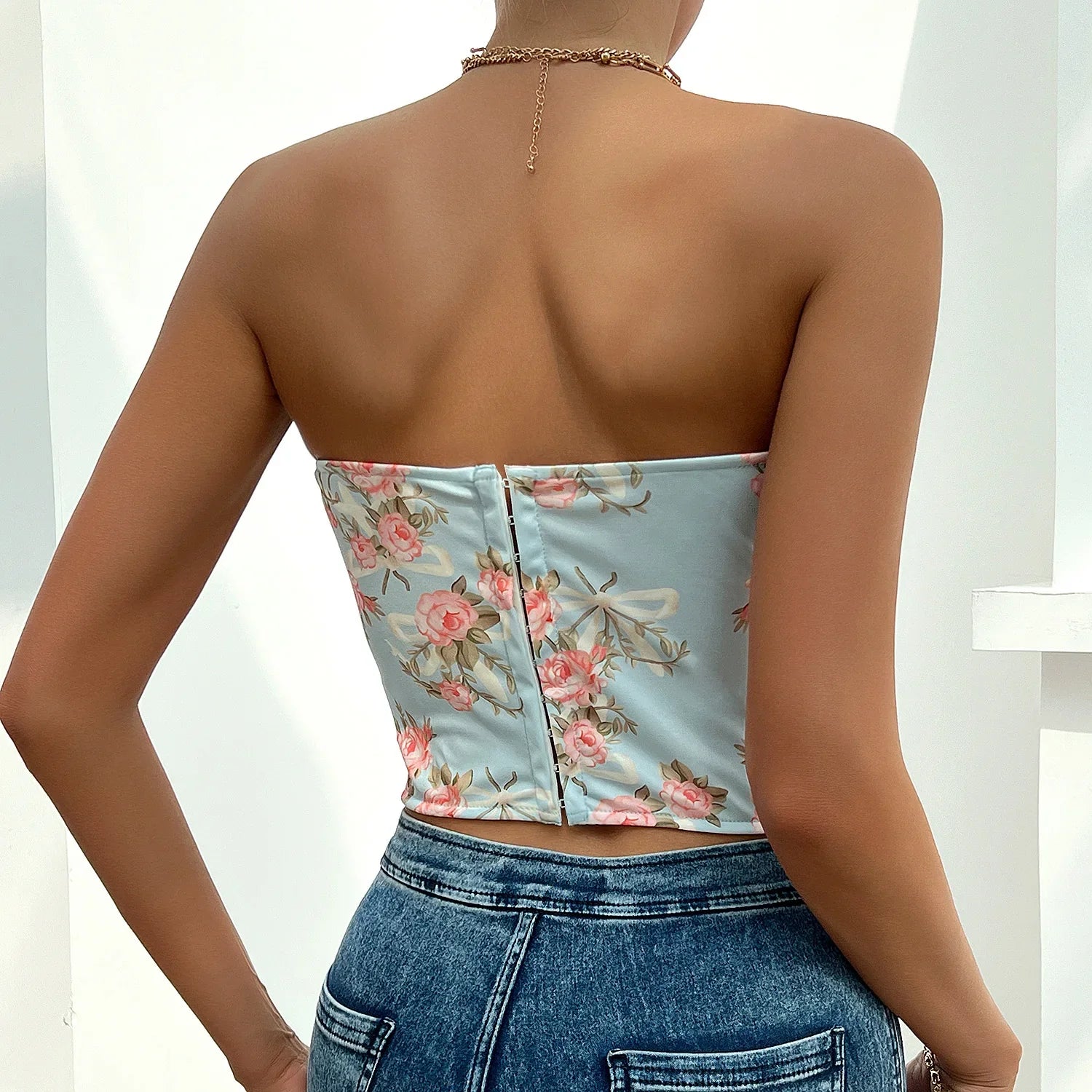Summer Women Floral Y2K Crop Tops Printed Sleeveless Fishbone Corset Woman Sexy Backless Slim Strapless Streetwear Camisole