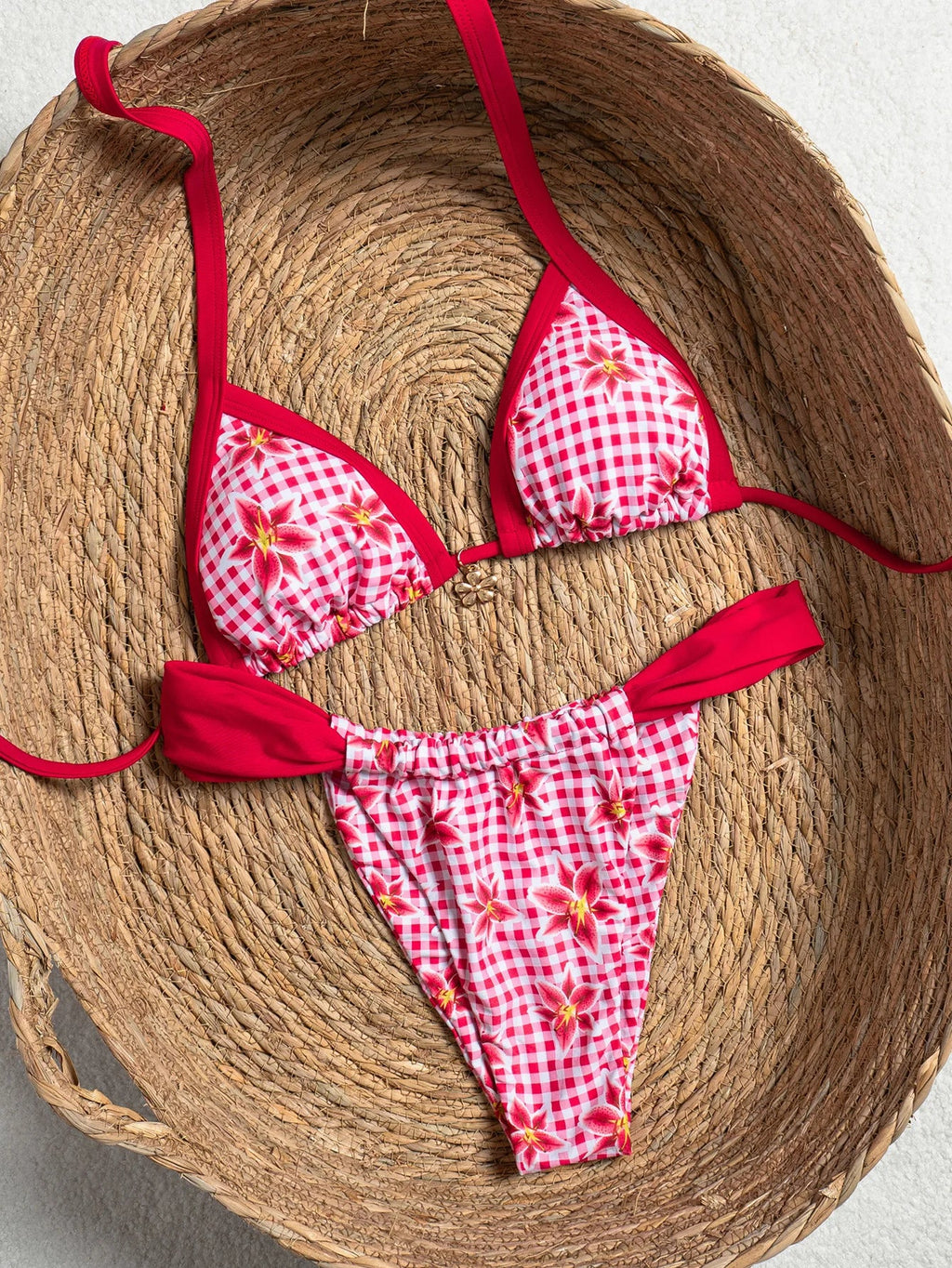 2026 Summer Women's Micro Bikini Set Floral Print Push Up Thong Bathing Suit Beachwear Sexy Halter Lace-up Swimsuit Holiday Look