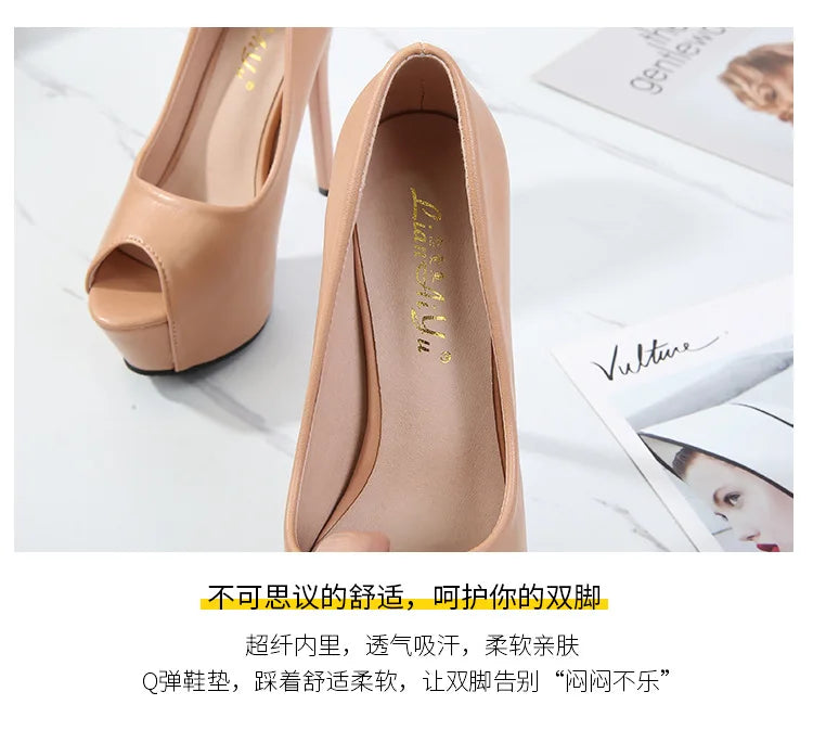 10/12/14cm Super High Heels Women Fashion Leather Shoes Spring Fall Peep Toe Platform Party Nude Black Office Dress Pumps Female