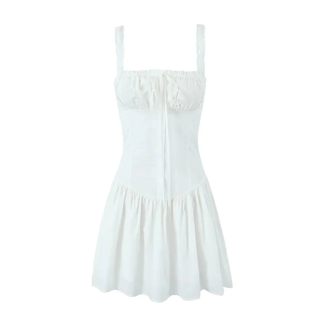 Foridol Bowknot Smocked White Short Dress Women Summer Cotton Mini Sleeveless Tank Sundress Beach Chic Buttons Dress for Petite