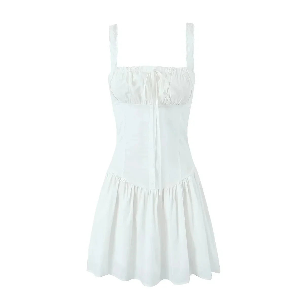 Foridol Bowknot Smocked White Short Dress Women Summer Cotton Mini Sleeveless Tank Sundress Beach Chic Buttons Dress for Petite