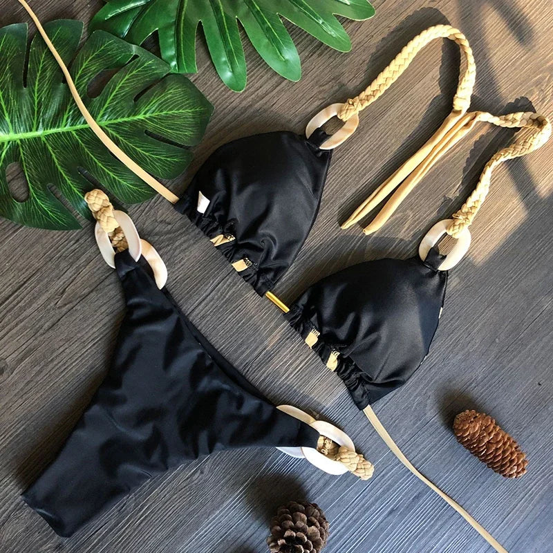 Splicing Halter Knitted Bikini Women Swimwear Female Swimsuit Two-pieces Bikini Set Brazilian Bather Bathing Suit Swim Beachwear