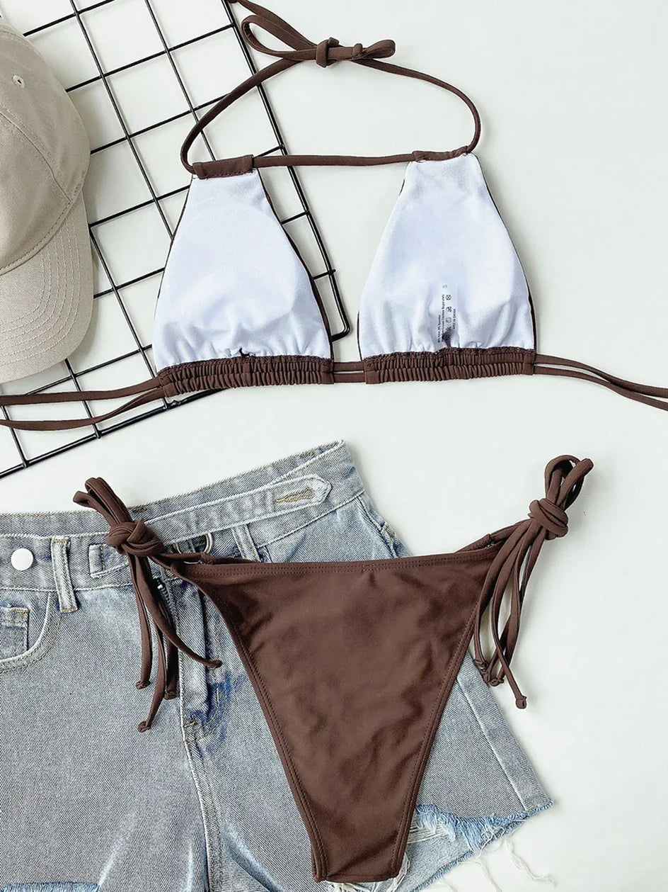 2025 Sexy Tie Side Strappy Halter Bikini Female Swimsuit Women Swimwear Two-pieces Bikini set Hollow out Bathing Suit Swim Lady