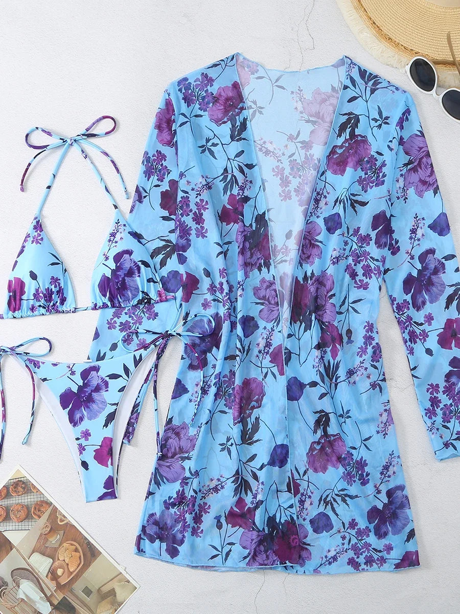 3 Pieces Printed Halter String Bikini 2026 Women & Kimono Swimwear Female Swimsuit Beachwear Bathers Bathing Swimming Swim Suit