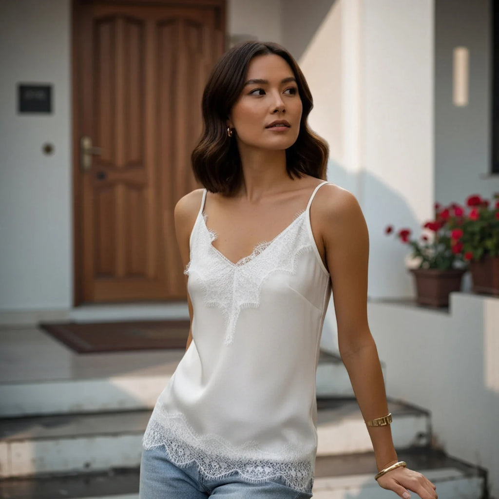 Fashion Summer Satin Tank Tops Women Solid Color Deep V Neck Sleeveless Adjustable Spaghetti Strap Lace Patchwork Vest