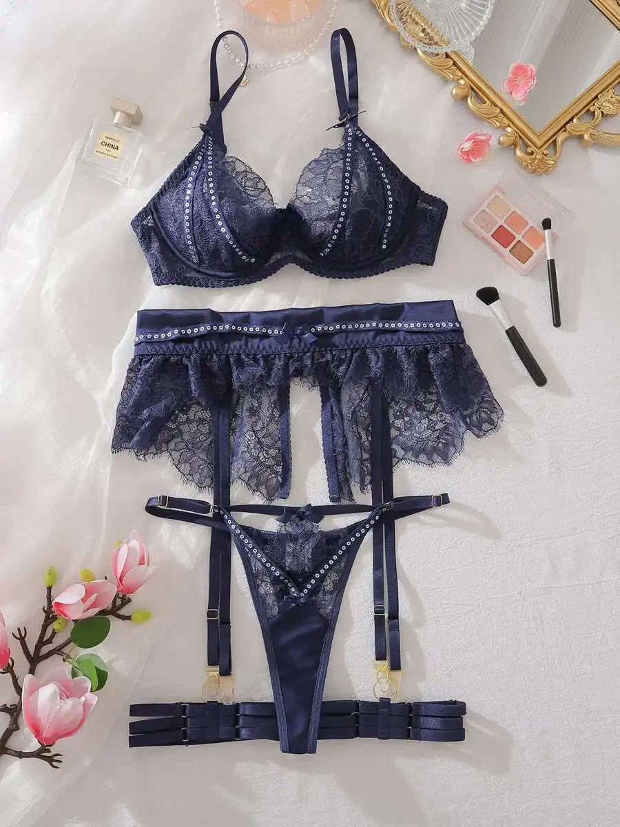 2025 Sexy Swimsuit Four Piece Set Hollow Out Mesh Lace Sheer Gathering Body Charm Bra Set Bikinis Women Bikini High Waist 5MJK
