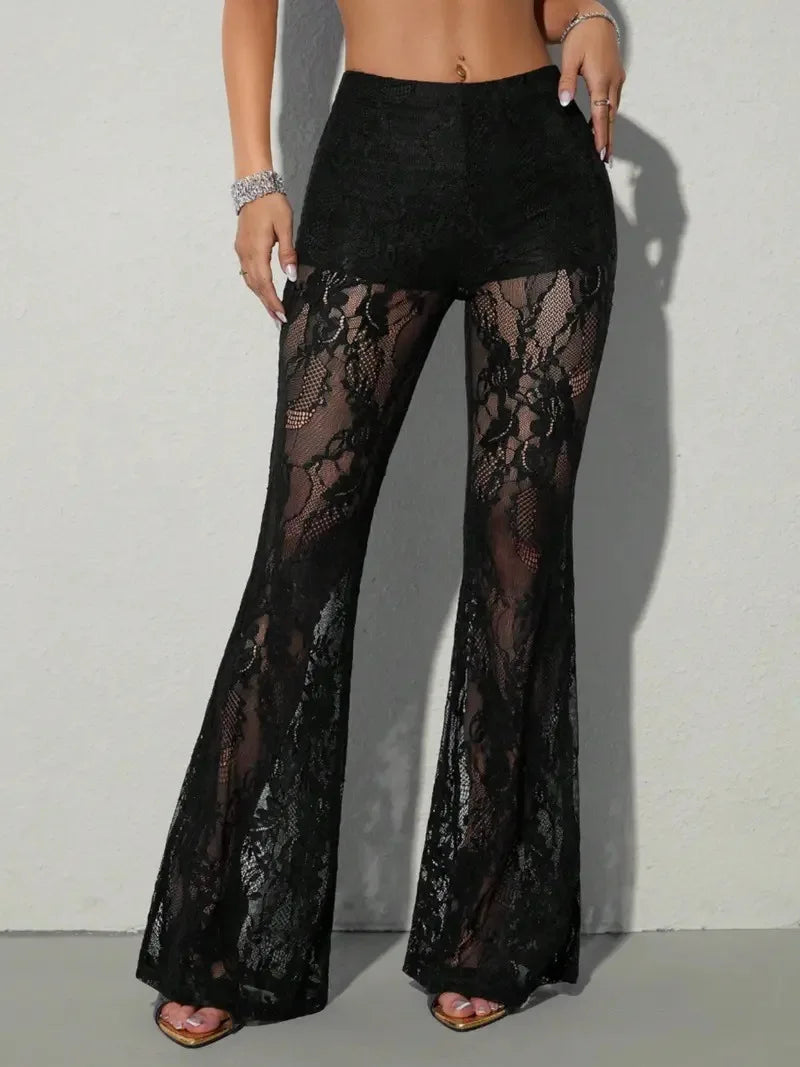 Women's summer lace see-through high-waist flared pants sexy bootcut trousers hot girl style