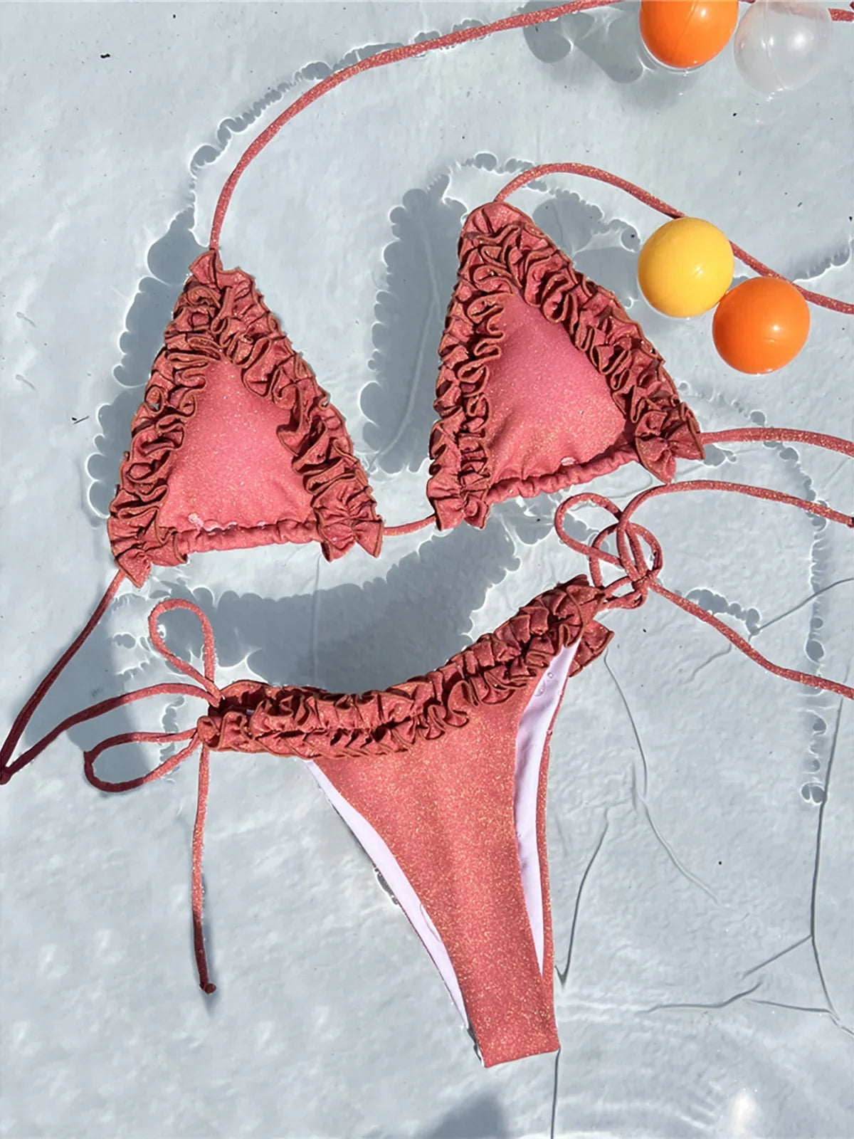 XS - L Shiny Frilled Halter Strappy Bikini Women Swimwear Female Swimsuit Two-pieces Bikini set Bather Bathing Suit Swim K7061