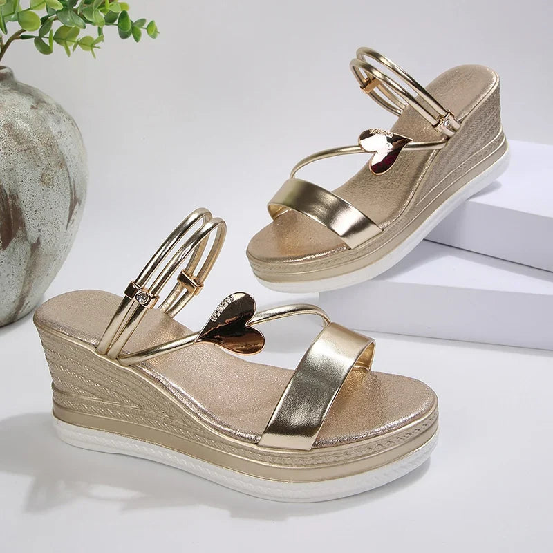 Metal Heart Gold Wedges Sandals Women Plus Size 43 Thick Sole Platform Sandles Woman 2026 Summer Non Slip Gladiator Sandals